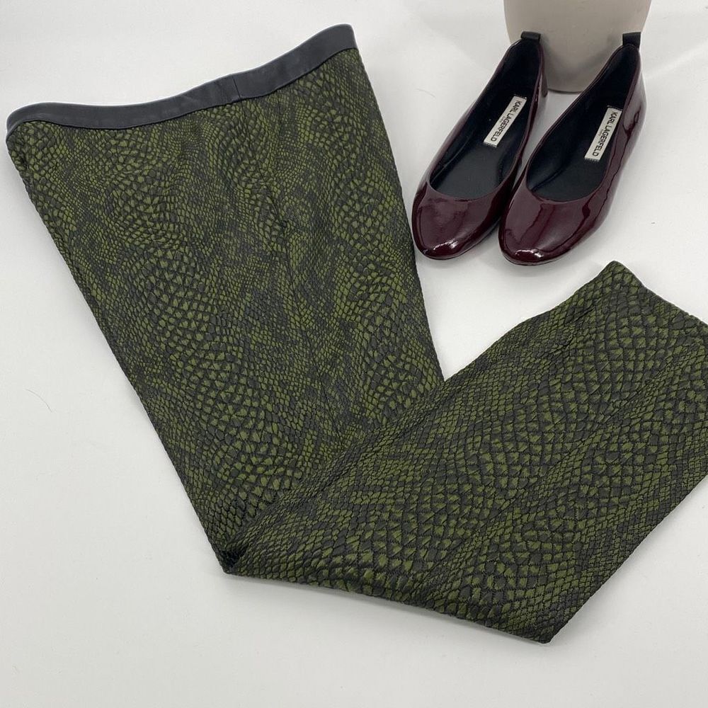 Tibi Mid-Rise Skinny‎ Snakeskin Ankle Pants Leather Trim Stretch Green /Black 6